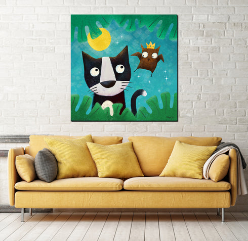 Noir and Titch the Little Owl - Cat Art Canvas
